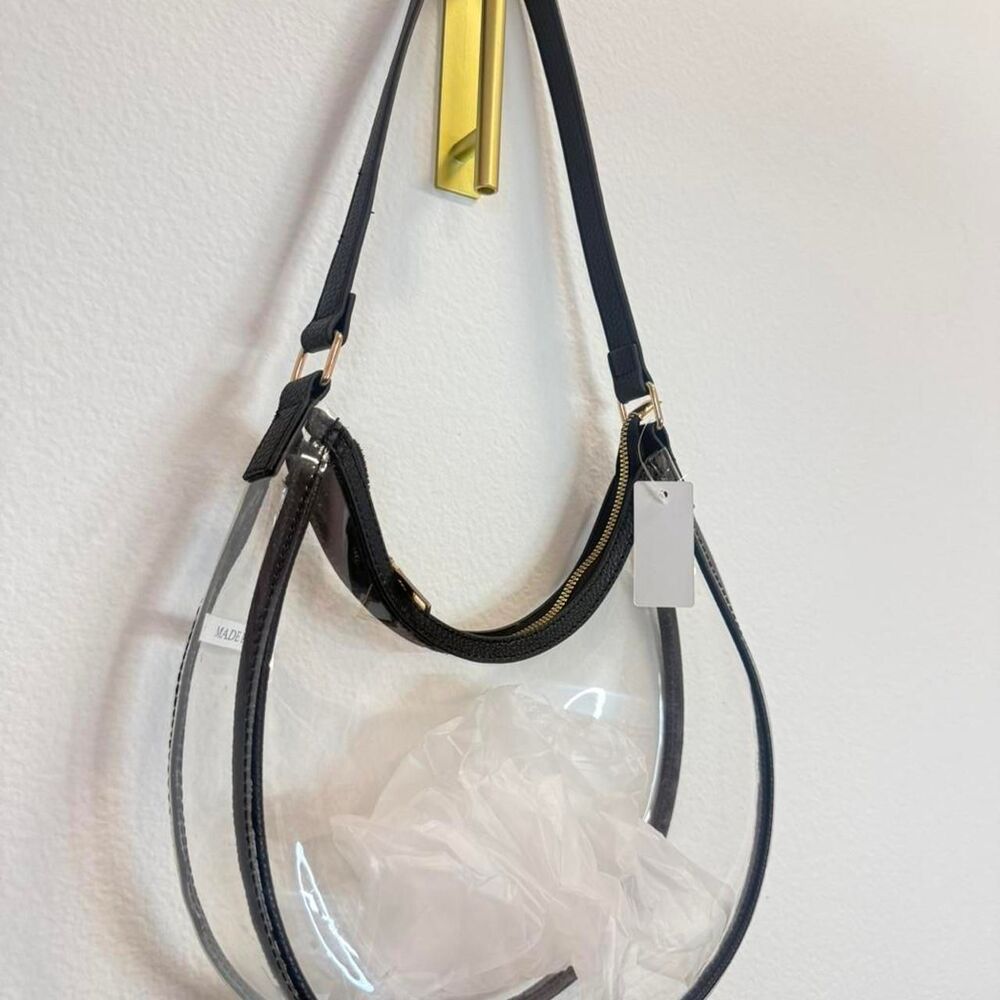 Clear Black Leather Hobo Bag with Gold Hardware Stadium Approved Shoulder Purse